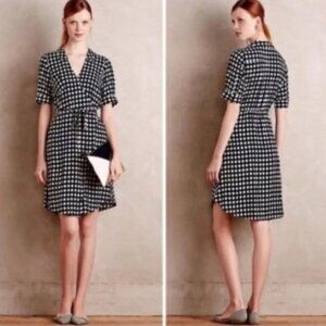 ANTHROPOLOGIE 11.1.Tylho Women True Wrap Dress Dotted Tie Belt Blue Cream Medium